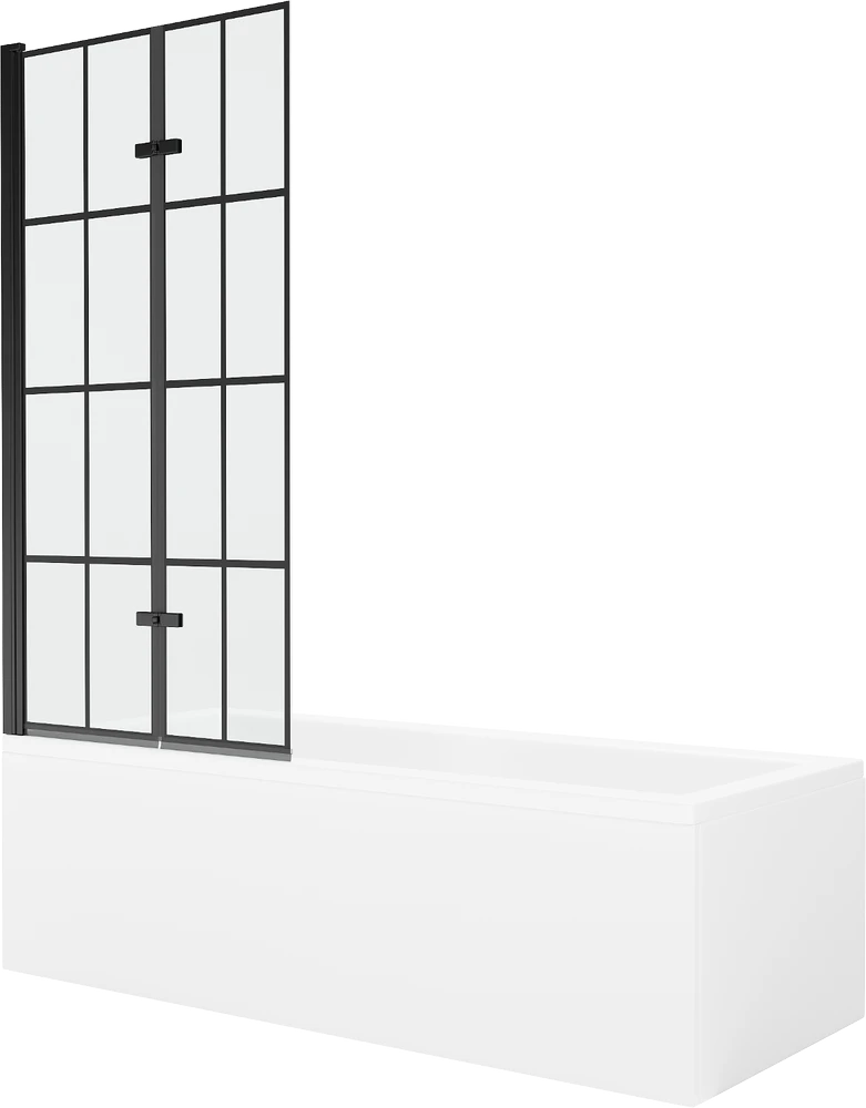 Vonia Mexen Cubik su apdaila ir stiklo sienele, 160x70 cm + 80 cm (II), Baltas+Juodas grid