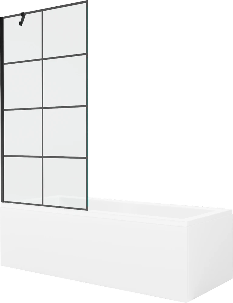 Vonia Mexen Cubik su apdaila ir stiklo sienele, 150x70 cm + 90 cm, Baltas+Juodas grid