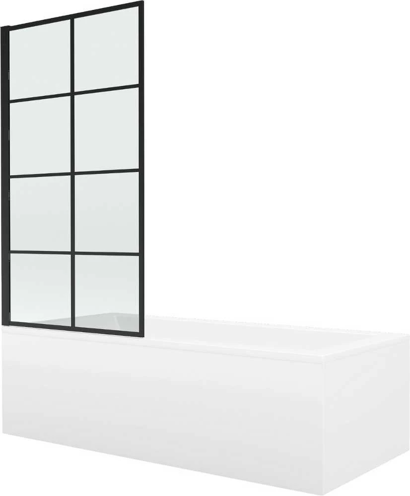 Vonia Mexen Cubik su apdaila ir stiklo sienele, 150x70 cm + 80 cm, baltas+I/fix/juodas grid