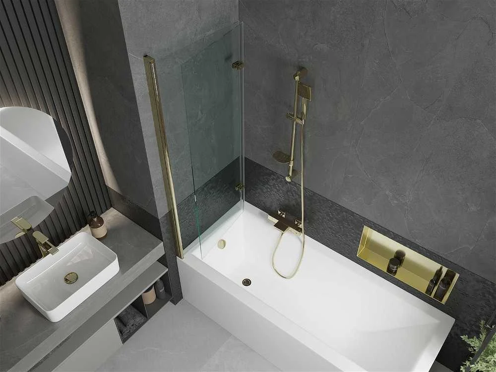 Vonia Mexen Cubik su apdaila ir stiklo sienele, 170x70 cm + 120 cm (II), Baltas+Gold/Transparent