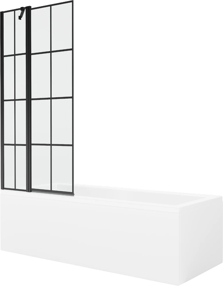 Vonia Mexen Cubik su apdaila ir stiklo sienele, 150x70 cm + 80 cm, Baltas+Juodas grid