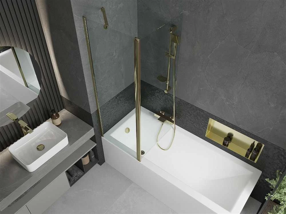 Vonia Mexen Cubik su apdaila ir stiklo sienele, 150x70 cm + 120 cm, Baltas+Gold/Transparent