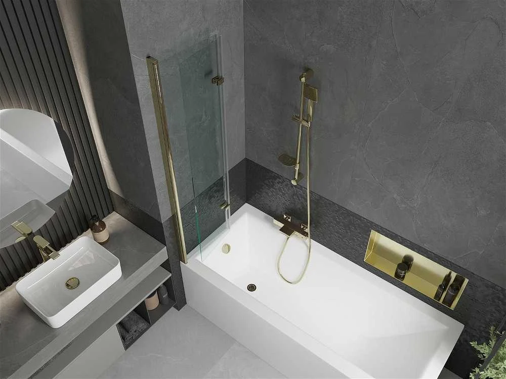 Vonia Mexen Cubik su apdaila ir stiklo sienele, 150x70 cm + 80 cm (II), Baltas+Gold/Transparent