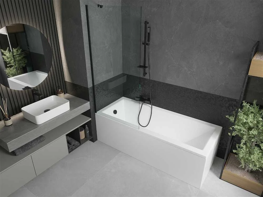 Vonia Mexen Cubik su apdaila ir stiklo sienele, 150x70 cm + 80 cm, Baltas+Juodas/Transparent