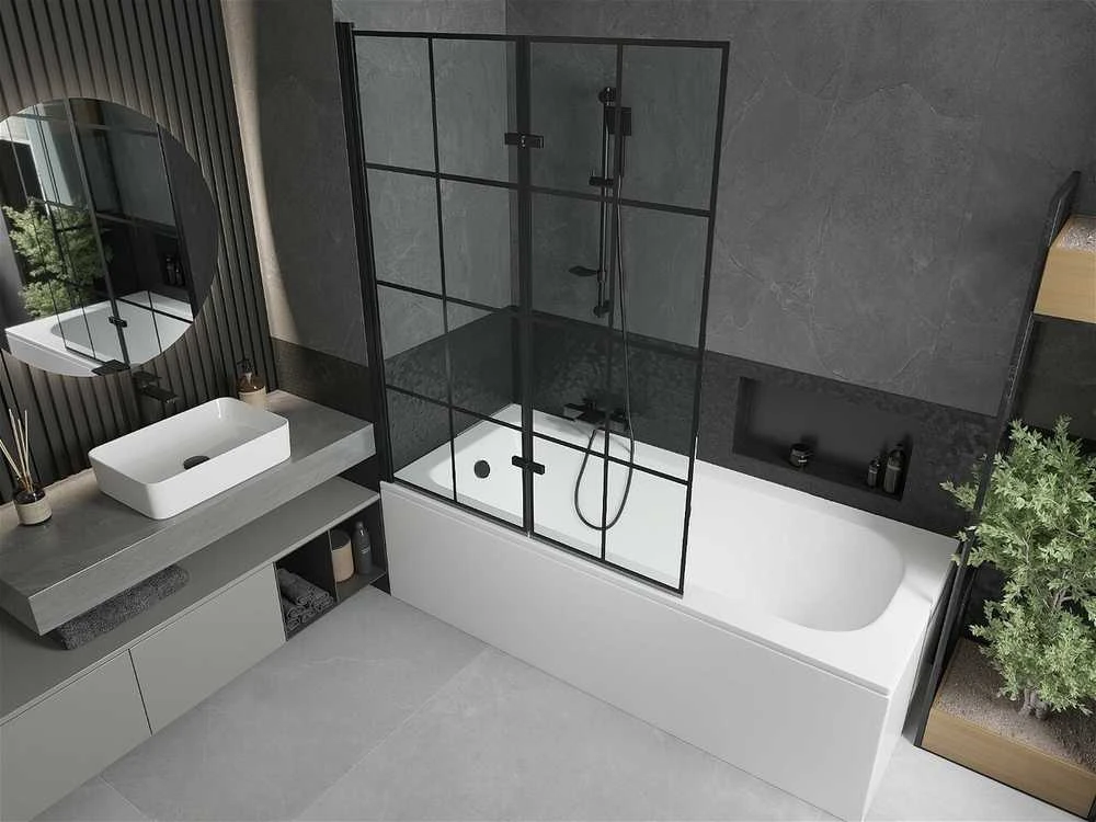 Vonia Mexen Vega su apdaila ir stiklo sienele, 180x80 cm + 120 cm (II), Baltas+Juodas grid