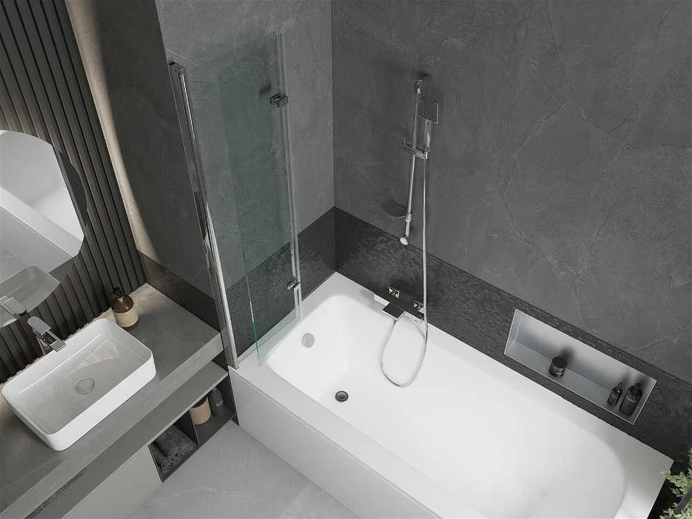 Vonia Mexen Vega su apdaila ir stiklo sienele, 160x70 cm + 80 cm (II), Baltas+Chrome/Transparent