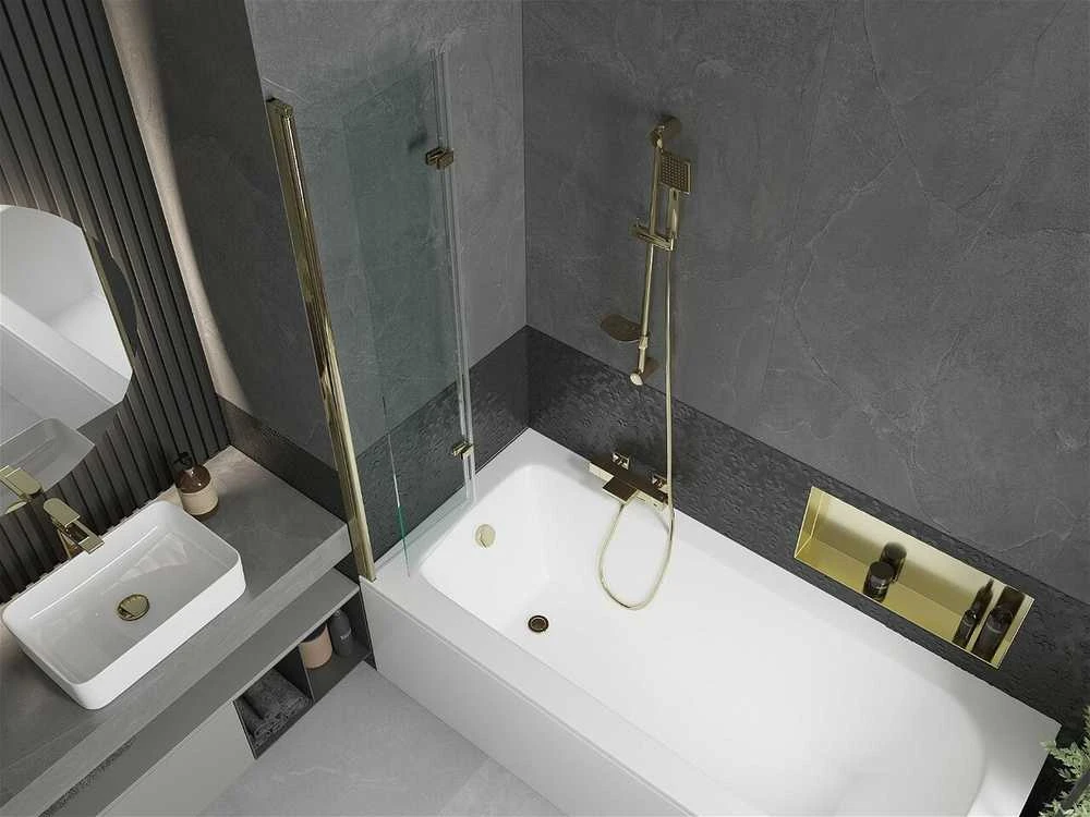Vonia Mexen Vega su apdaila ir stiklo sienele, 180x80 cm + 80 cm (II), Baltas+Gold/Transparent