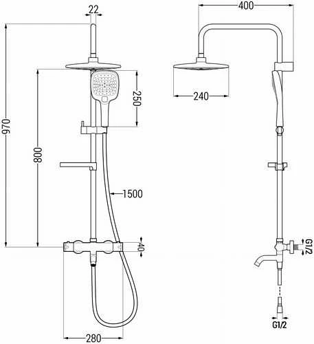 Vonios-dušo sistema su termostatu Mexen KX17, Chrome/Baltas