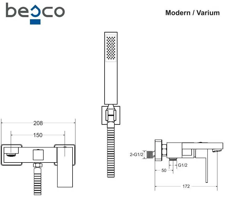 Vonios maišytuvas su dušo komplektu Besco Modern / Varium, Chrome