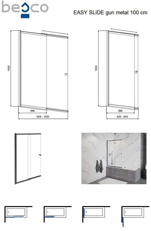 Vonios sienelė Besco Easy Slide Gun Metal, 100 x 150 cm