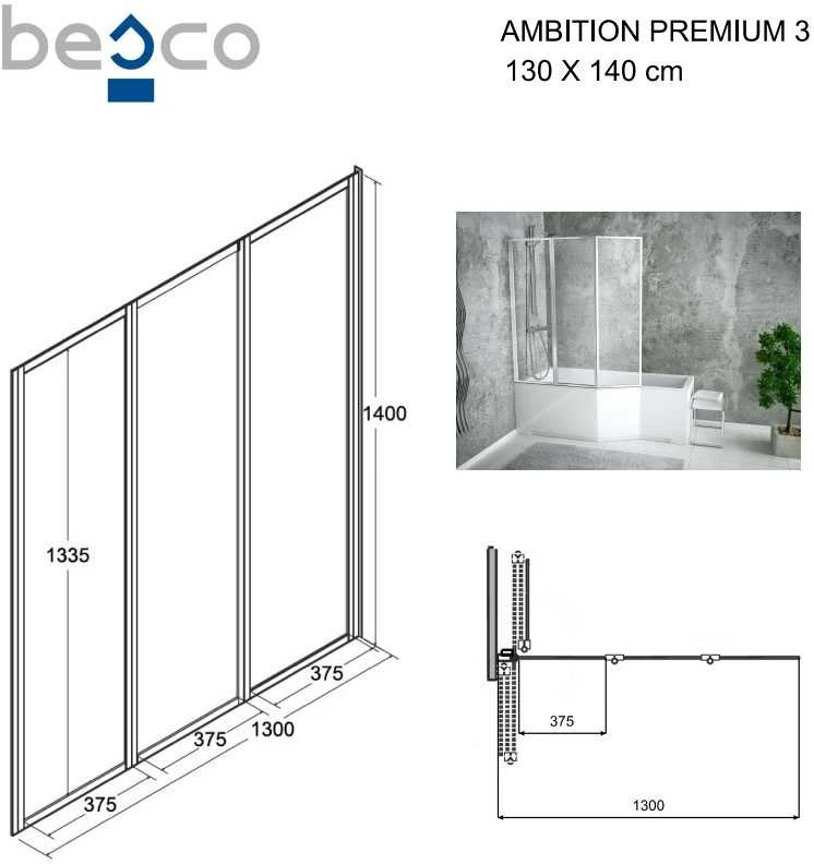 Vonios stiklo sienelė Besco Ambition Premium 3, 130x140 cm