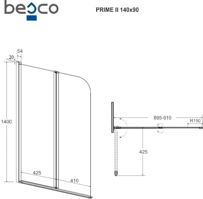 Vonios stiklo sienelė Besco Prime 2, 90x140 cm