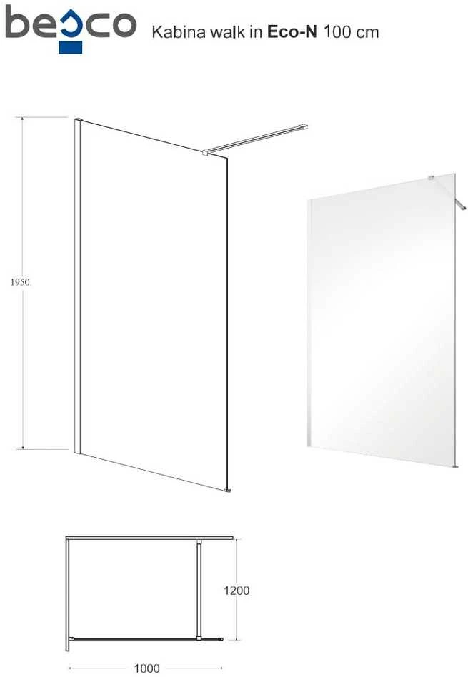 Walk-In dušo sienelė Besco Eco-N, 100 x 195 cm