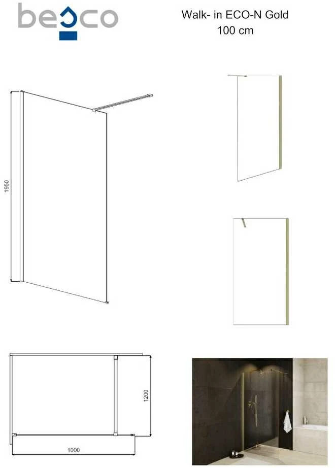 Walk-In dušo sienelė Besco Eco-N Gold, 100 x 195 cm
