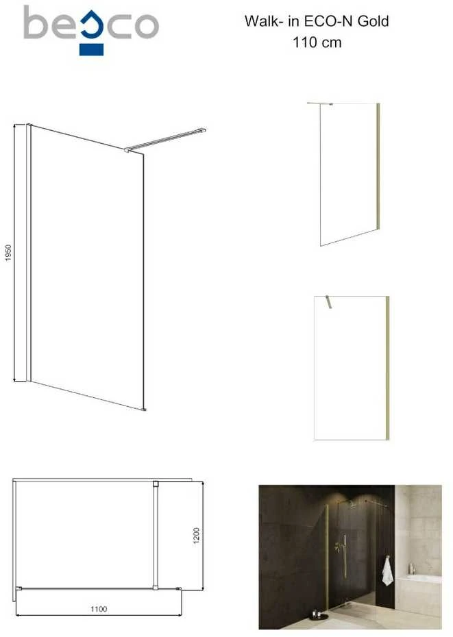Walk-In dušo sienelė Besco Eco-N Gold, 110 x 195 cm