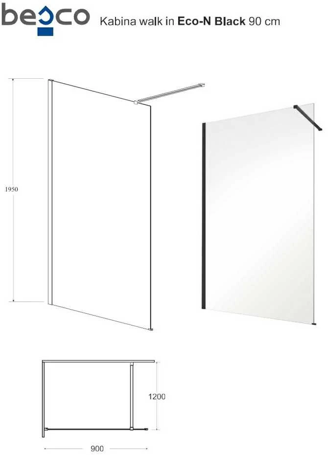 Walk-In dušo sienelė Besco Eco-N Juodas, 90 x 195 cm