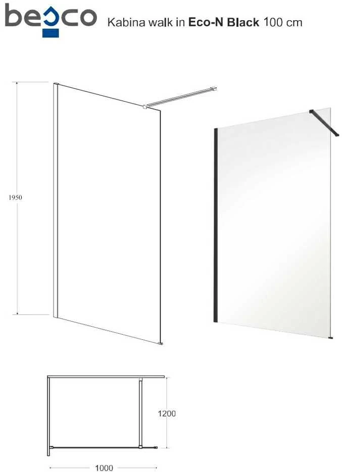 Walk-In dušo sienelė Besco Eco-N Juodas, 100 x 195 cm
