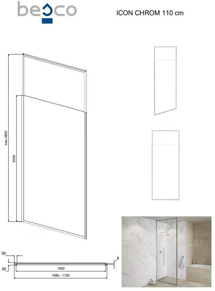 Walk-In dušo sienelė Besco Icon Chrome, 110 x 200 cm