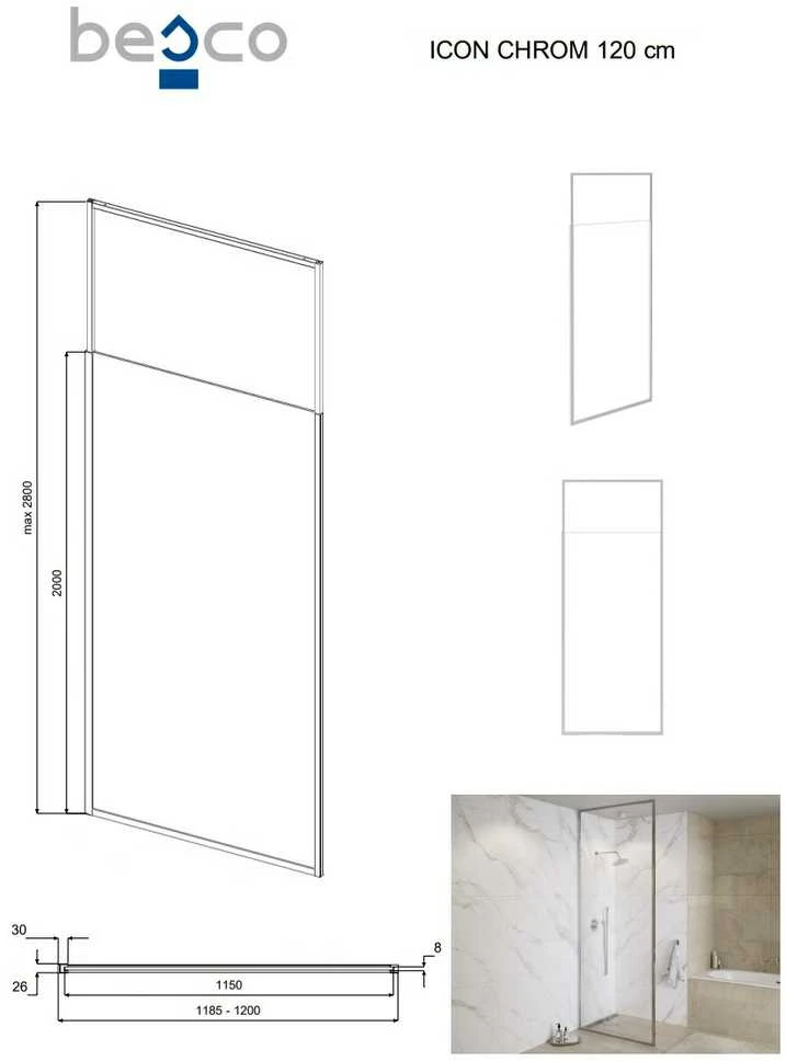 Walk-In dušo sienelė Besco Icon Chrome, 120 x 200 cm