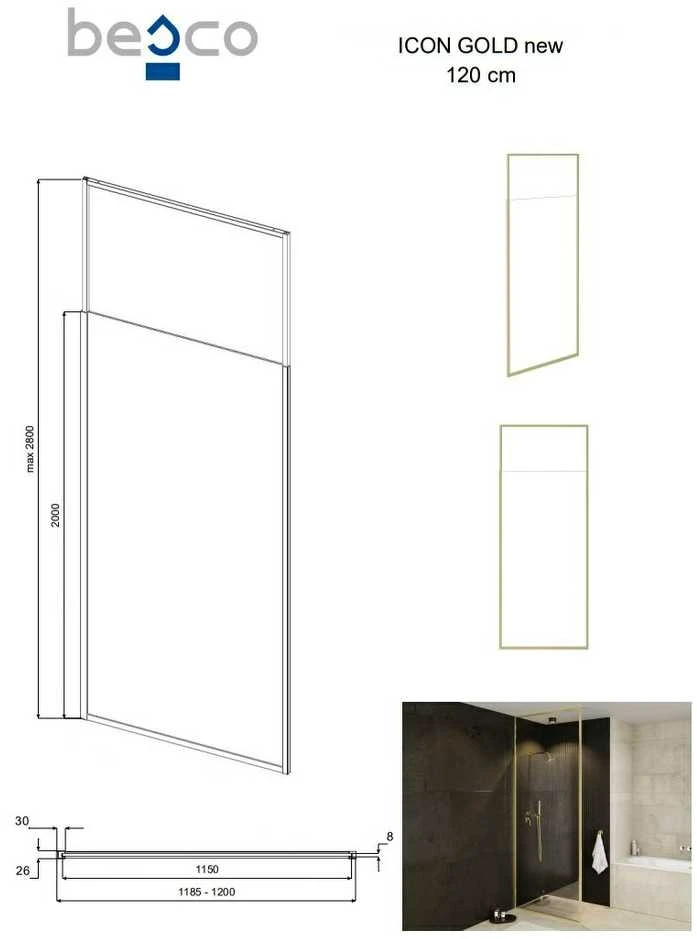 Walk-In dušo sienelė Besco Icon Gold, 120 x 200 cm