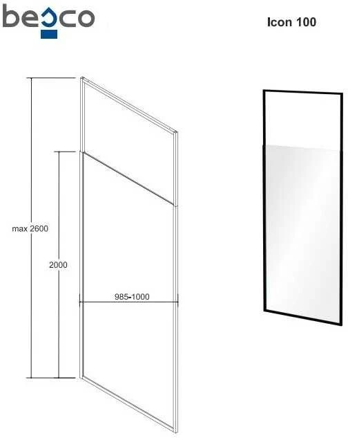 Walk-In dušo sienelė Besco Icon Juodas, 100 x 200 cm