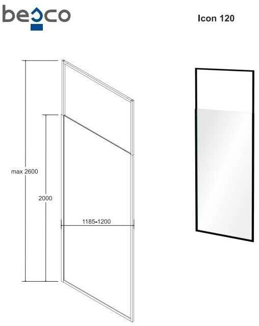 Walk-In dušo sienelė Besco Icon Juodas, 120 x 200 cm