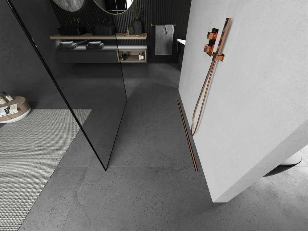 Walk-in dušo sienelė Mexen Kioto, Brushed copper, juodas raštas, 140 x 200 cm