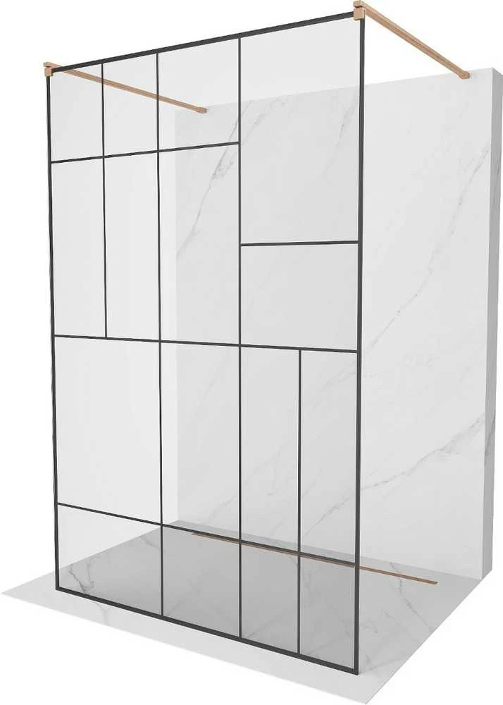 Walk-in dušo sienelė Mexen Kioto, Brushed copper, juodas raštas, 140 x 200 cm