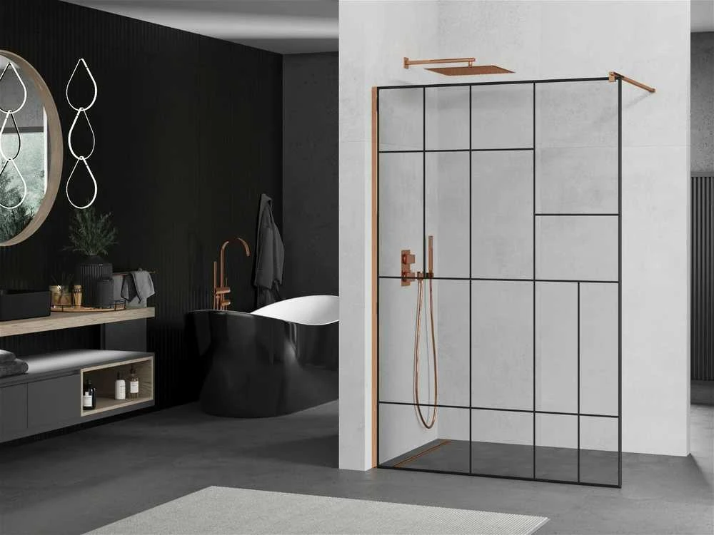Walk-in dušo sienelė Mexen Kioto, Juodas pattern/Rose Gold, 140 x 200 cm