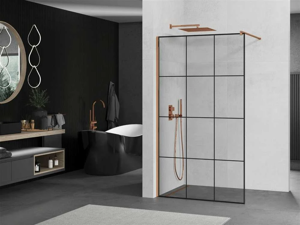 Walk-in dušo sienelė Mexen Kioto, Juodas pattern/Rose Gold, 100 x 200 cm