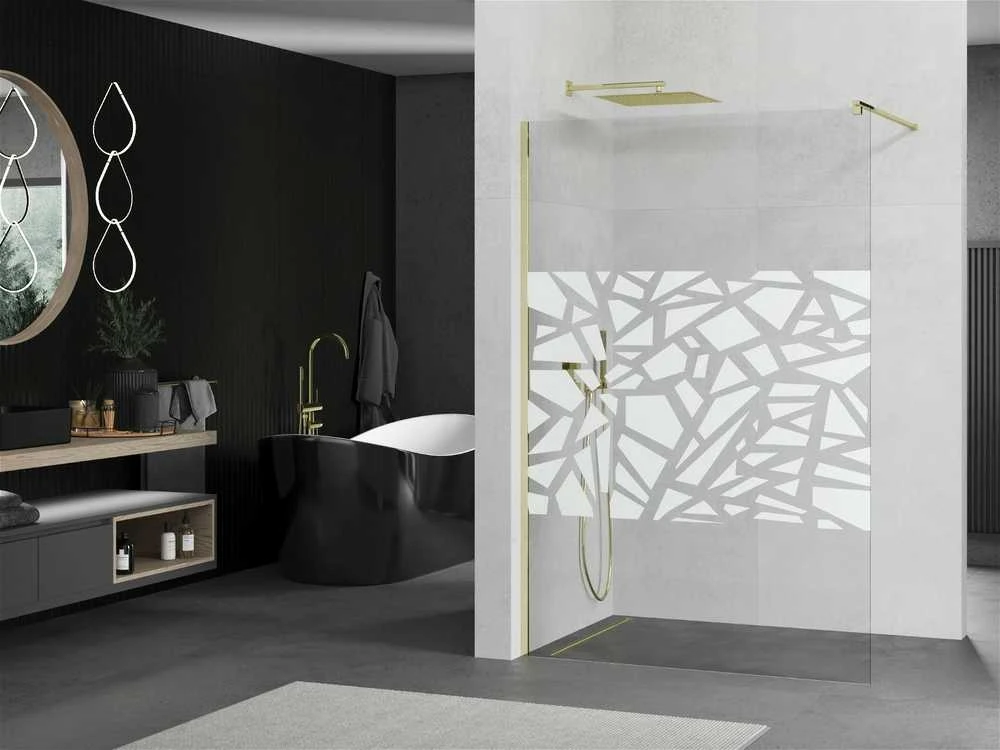 Walk-in dušo sienelė Mexen Kioto, pusiau matinė, Baltas pattern/Gold, 110 x 200 cm