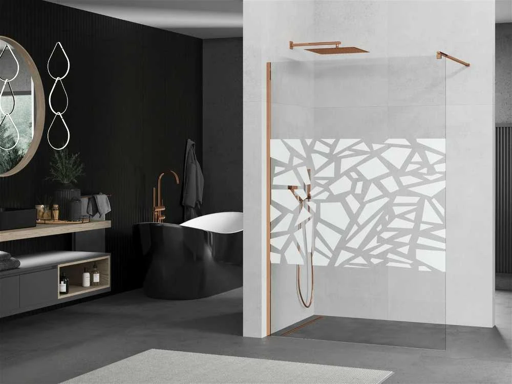 Walk-in dušo sienelė Mexen Kioto, pusiau matinė, Baltas pattern/Rose Gold, 120 x 200 cm