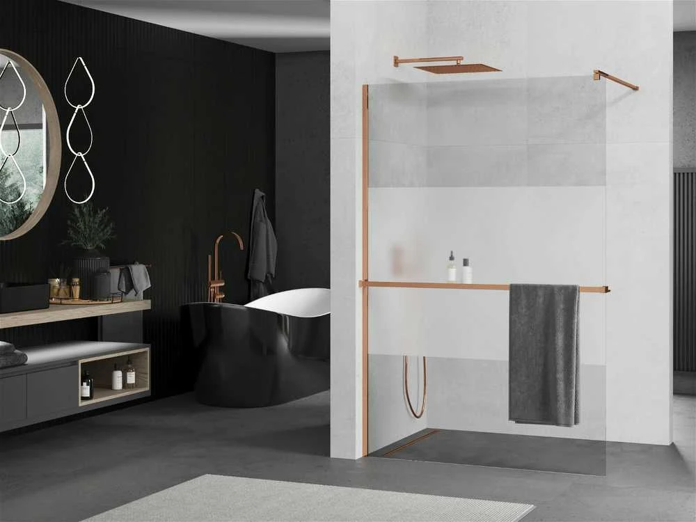 Walk-in dušo sienelė Mexen Kioto+ su lentynėle, Rose Gold/pusiau matinis stiklas, 80 x 200 cm