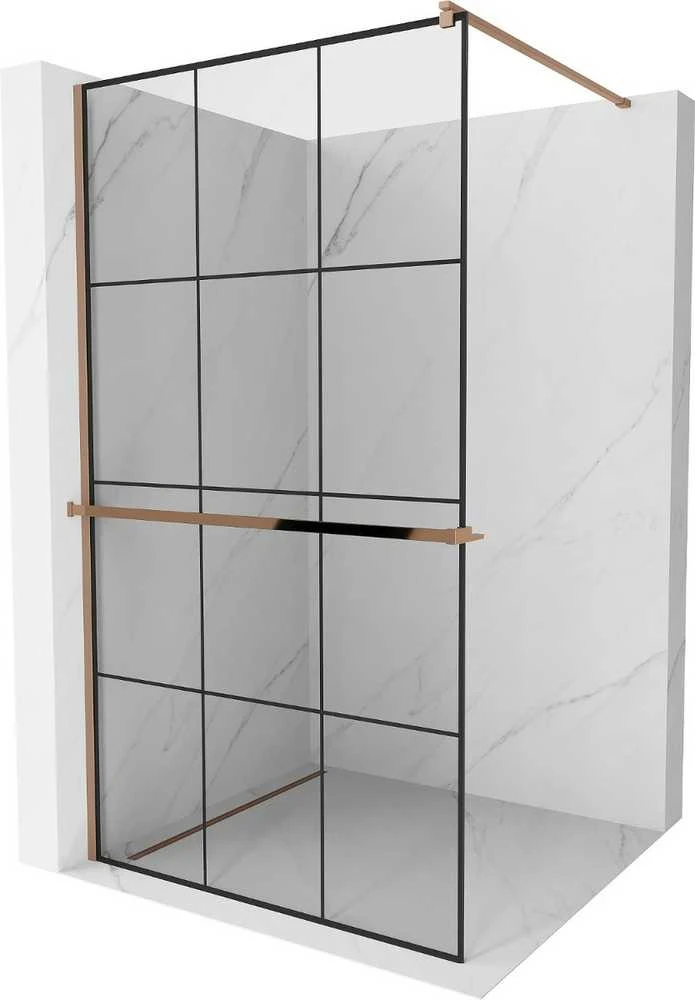 Walk-in dušo sienelė Mexen Kioto+ su lentynėle, Rose Gold/Juodas raštas, 120 x 200 cm