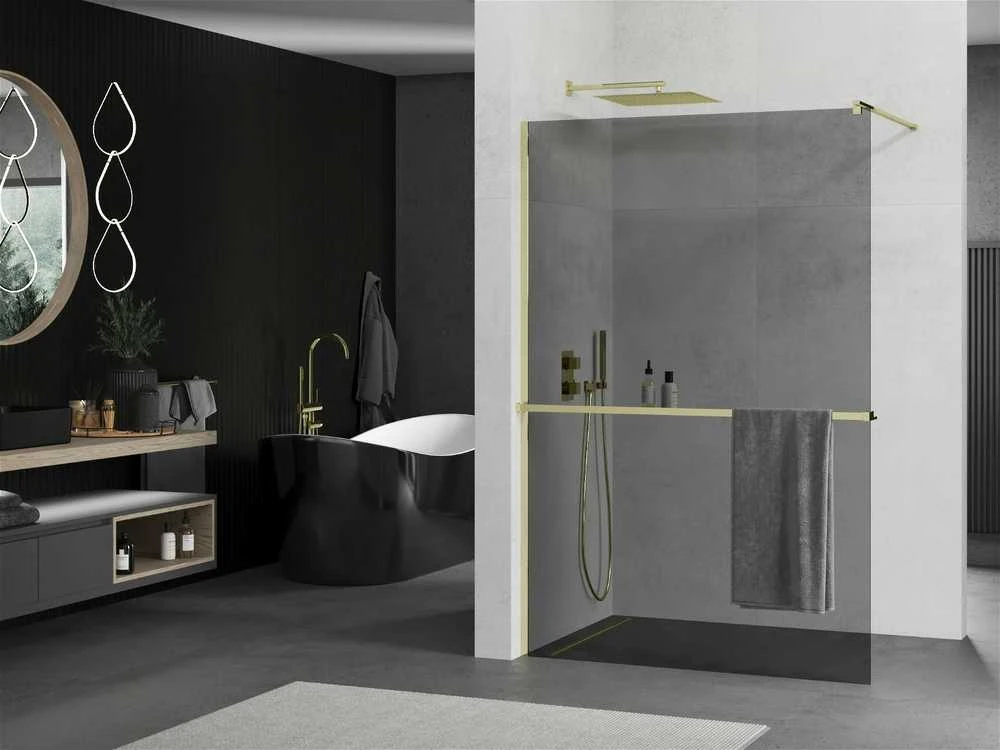 Walk-in dušo sienelė Mexen Kioto+ su lentynėle, Gold/grafito stiklas, 100 x 200 cm