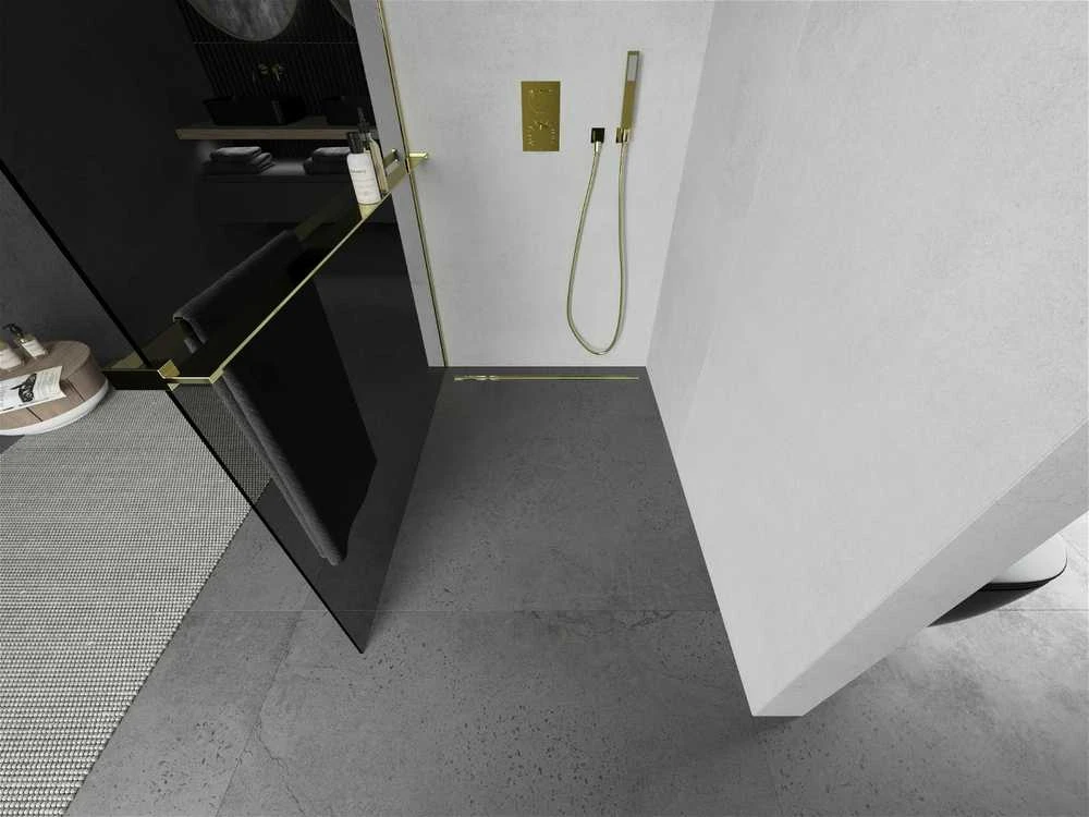 Walk-in dušo sienelė Mexen Kioto+ su lentynėle, Gold/grafito stiklas, 100 x 200 cm