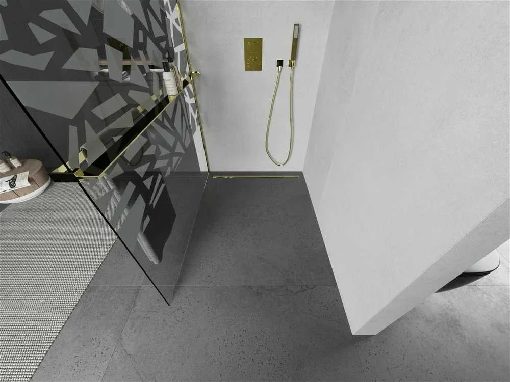 Walk-in dušo sienelė Mexen Kioto+ su lentynėle, Gold/Baltas raštas, 100 x 200 cm