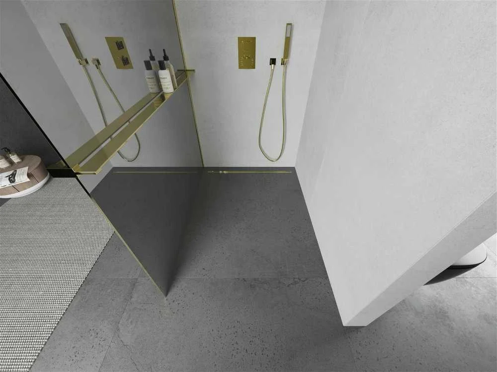 Walk-in dušo sienelė Mexen Kioto+ su lentynėle, Gold/veidrodinis stiklas, 110 x 200 cm