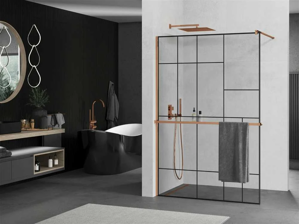 Walk-in dušo sienelė Mexen Kioto+ su lentynėle, Rose Gold/Juodas raštas, 100 x 200 cm