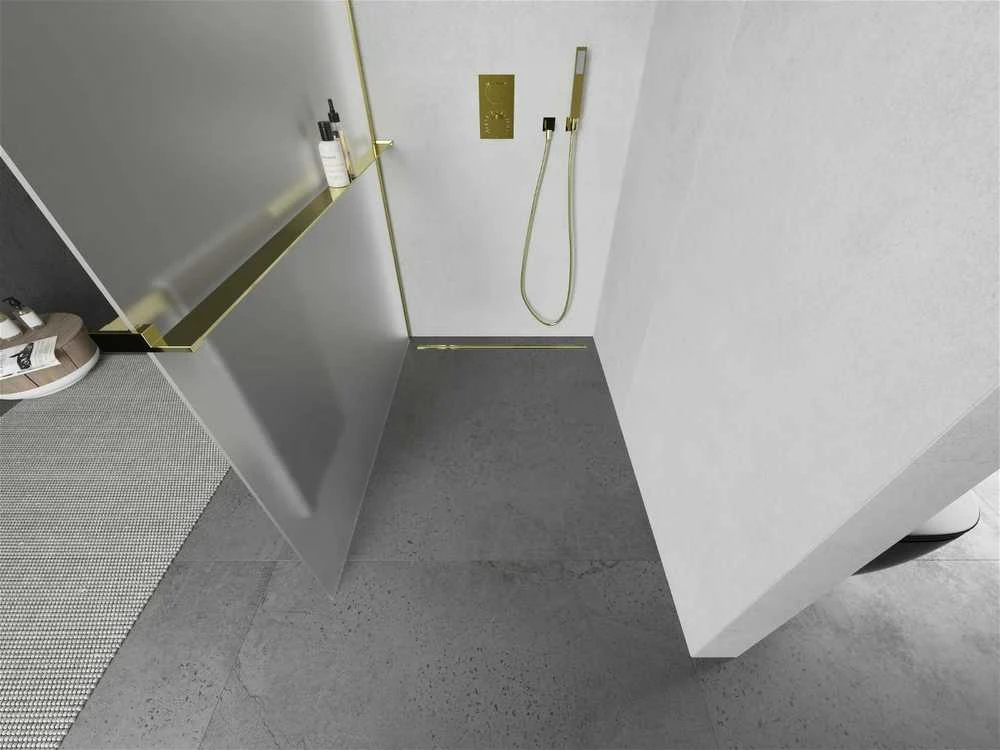 Walk-in dušo sienelė Mexen Kioto+ su lentynėle, Gold/matinis stiklas, 100 x 200 cm