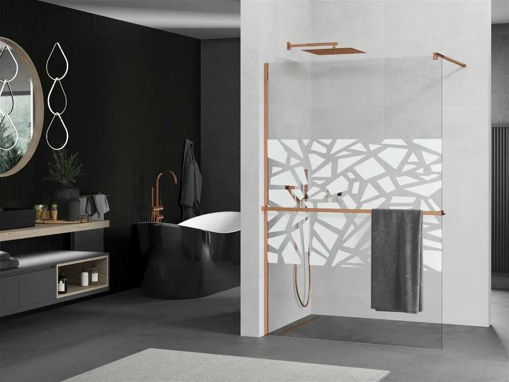Walk-in dušo sienelė Mexen Kioto+ su lentynėle, Rose Gold/Baltas raštas, 100 x 200 cm