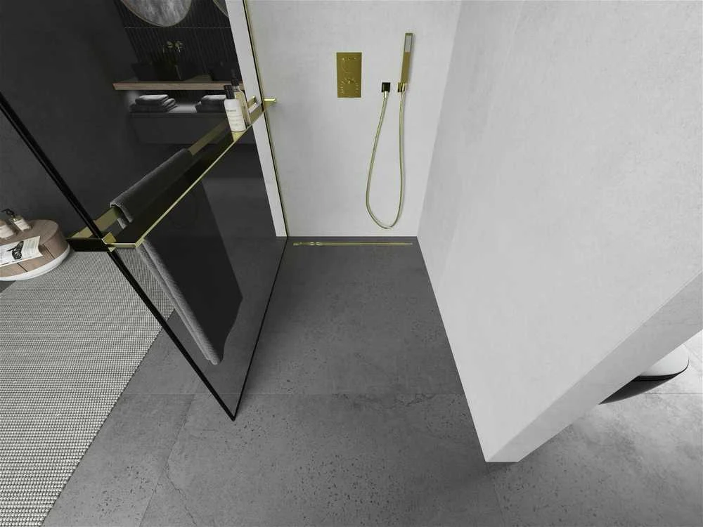 Walk-in dušo sienelė Mexen Kioto+ su lentynėle, Gold/juodas frame, 140 x 200 cm