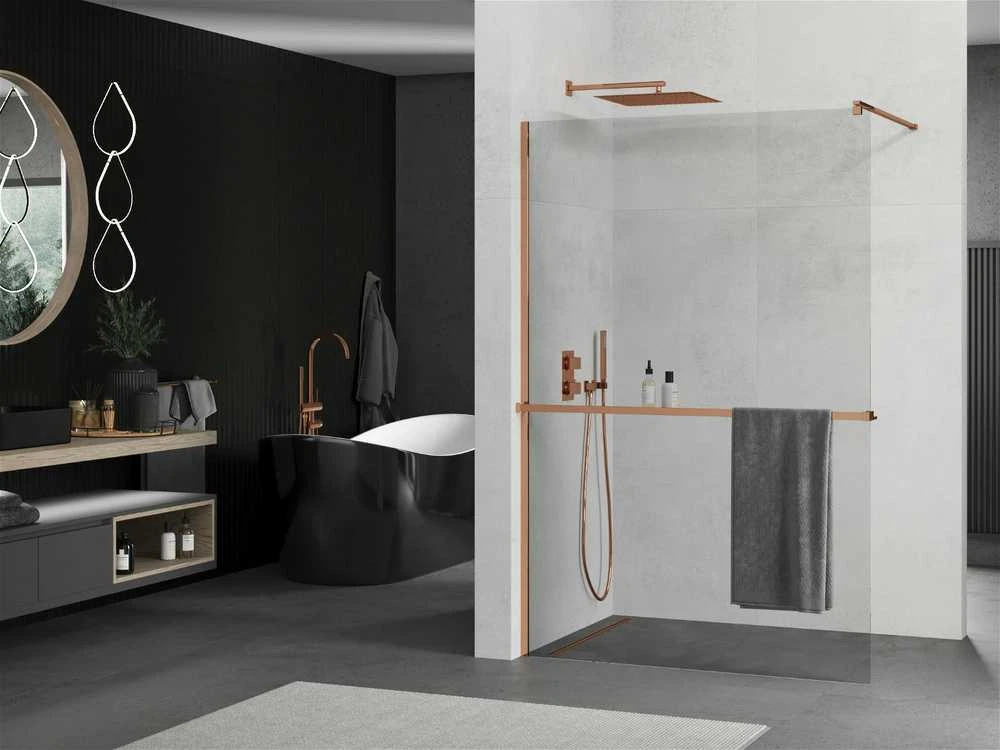 Walk-in dušo sienelė Mexen Kioto+ su lentynėle, Rose Gold/Skraidus stiklas, 130 x 200 cm