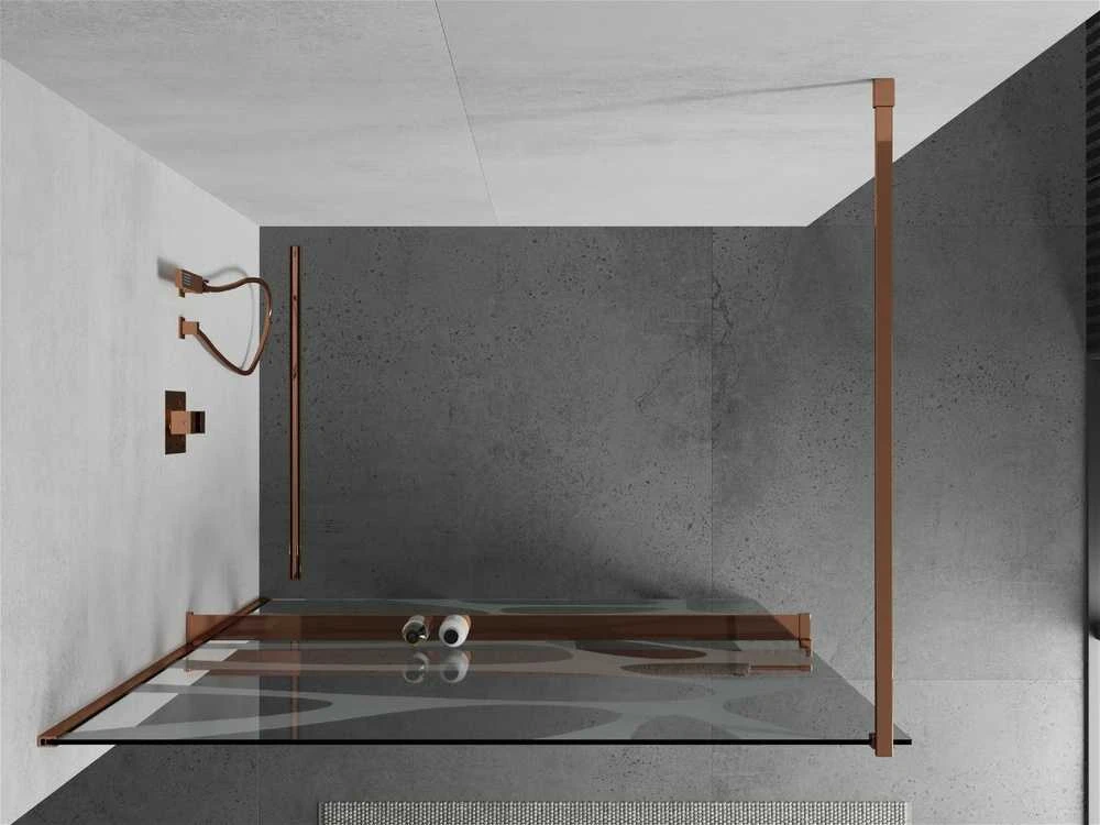 Walk-in dušo sienelė Mexen Kioto+ su lentynėle, Rose Gold/Baltas raštas, 80 x 200 cm