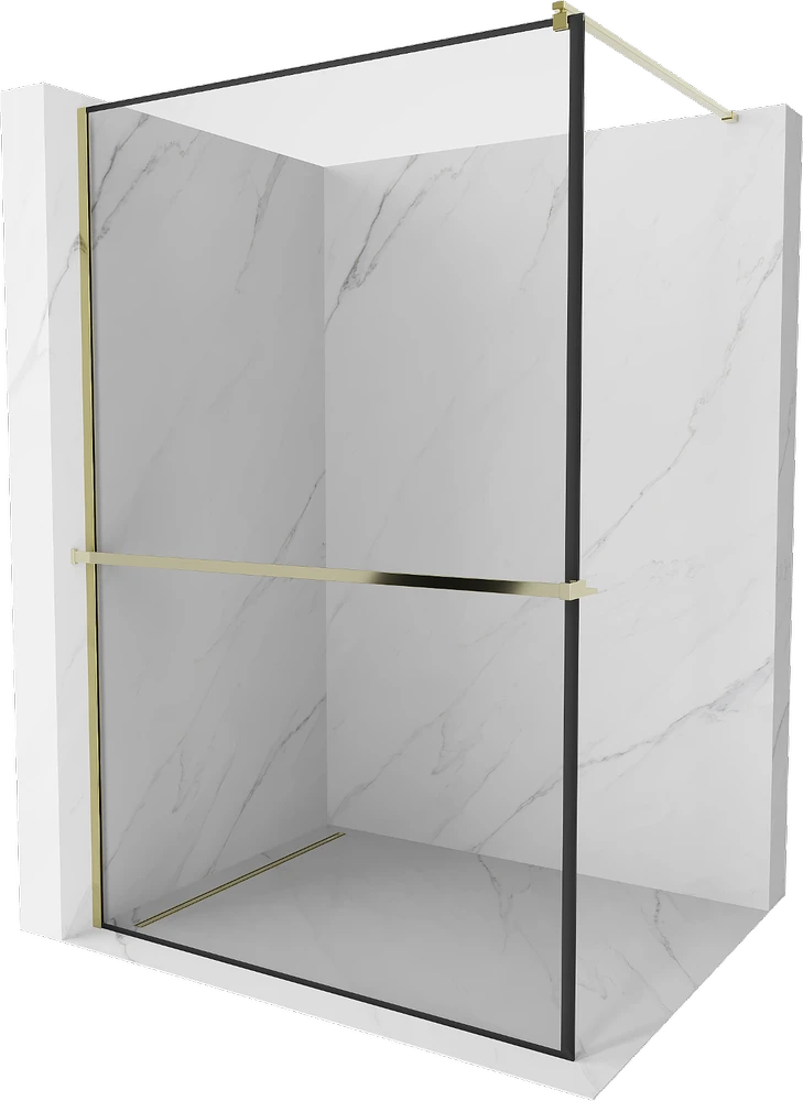Walk-in dušo sienelė Mexen Kioto+ su lentynėle, Gold/juodas raštas, 130 x 200 cm
