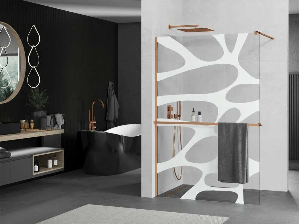 Walk-in dušo sienelė Mexen Kioto+ su lentynėle, Rose Gold/Baltas raštas, 70 x 200 cm