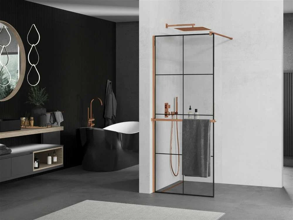 Walk-in dušo sienelė Mexen Kioto+ su lentynėle, Rose Gold/Juodas raštas, 70 x 200 cm