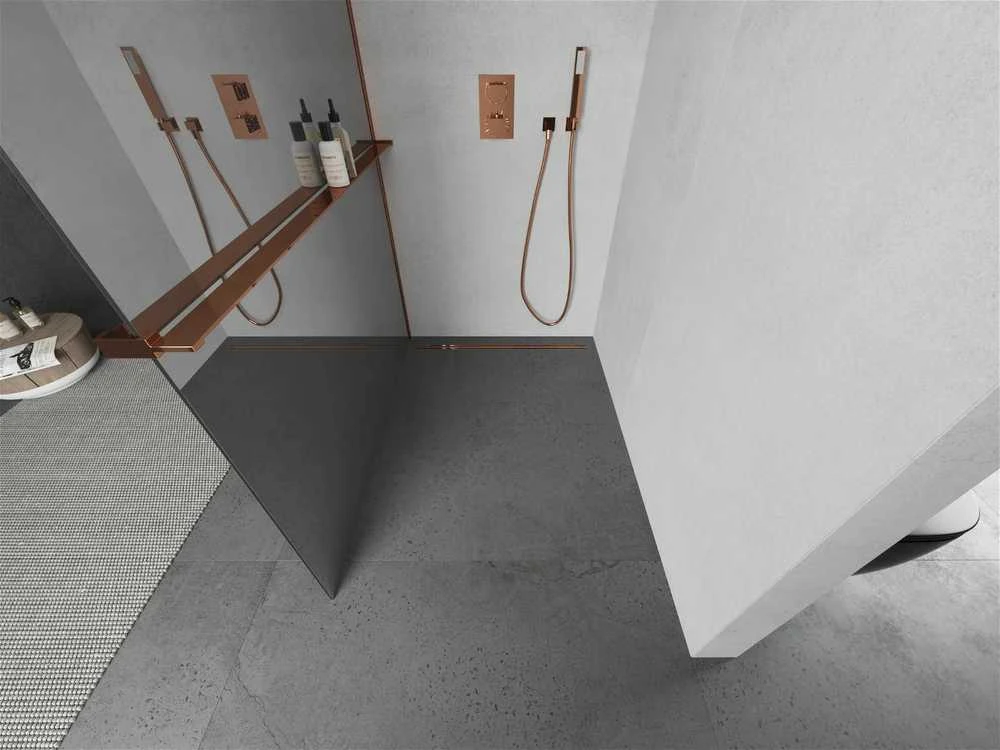 Walk-in dušo sienelė Mexen Kioto+ su lentynėle, Rose Gold/veidrodinis stiklas, 90 x 200 cm