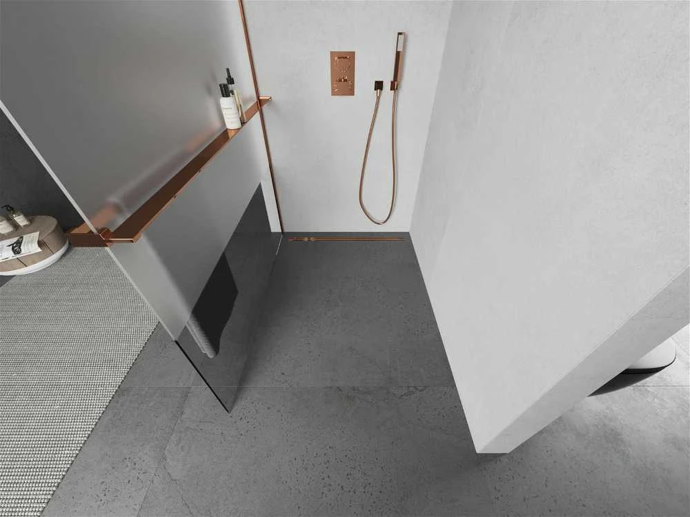 Walk-in dušo sienelė Mexen Kioto+ su lentynėle, Rose Gold/pusiau matinis stiklas, 90 x 200 cm