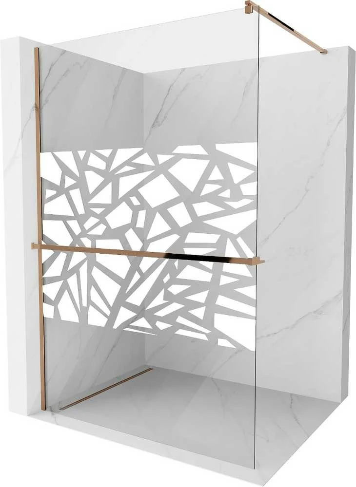 Walk-in dušo sienelė Mexen Kioto+ su lentynėle, Rose Gold/Baltas raštas, 100 x 200 cm